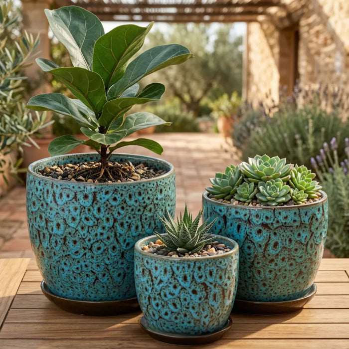 Set 3 Macetero Ceramica Azul Decorativo Texturizado Hogar