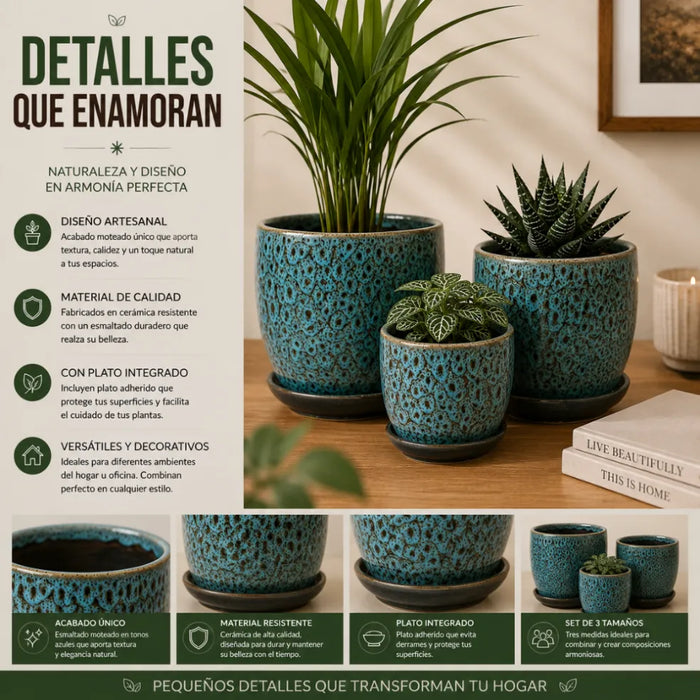 Set 3 Macetero Ceramica Azul Decorativo Texturizado Hogar