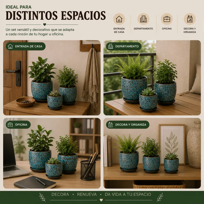 Set 3 Macetero Ceramica Azul Decorativo Texturizado Hogar