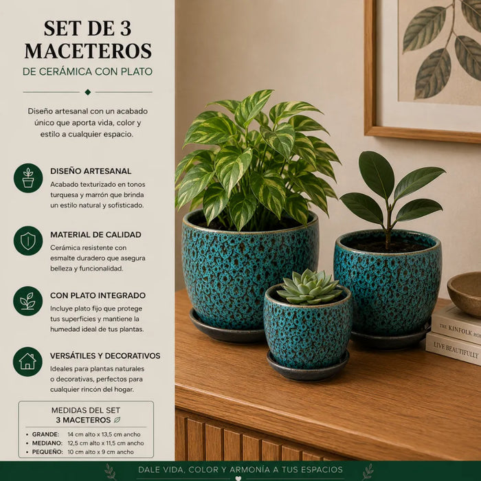 Set 3 Macetero Ceramica Azul Decorativo Texturizado Hogar