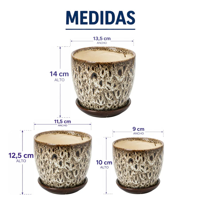 Set 3 Macetero Ceramica Decorativo Texturizado Hogar
