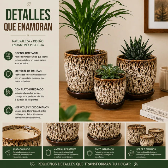 Set 3 Macetero Ceramica Decorativo Texturizado Hogar