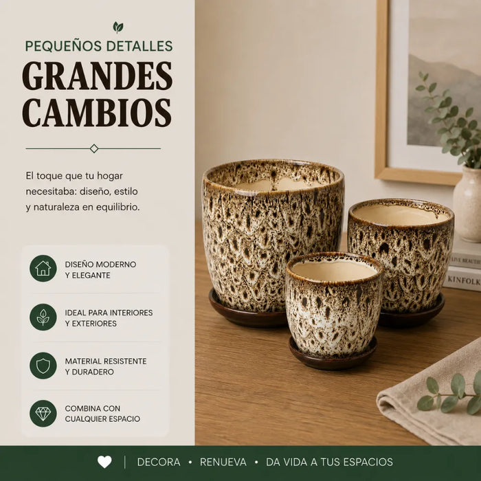 Set 3 Macetero Ceramica Decorativo Texturizado Hogar