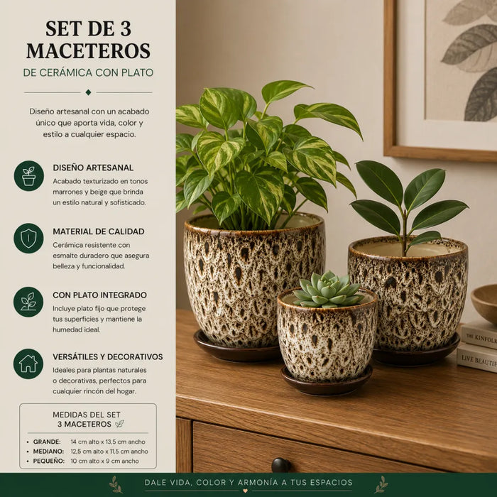 Set 3 Macetero Ceramica Decorativo Texturizado Hogar