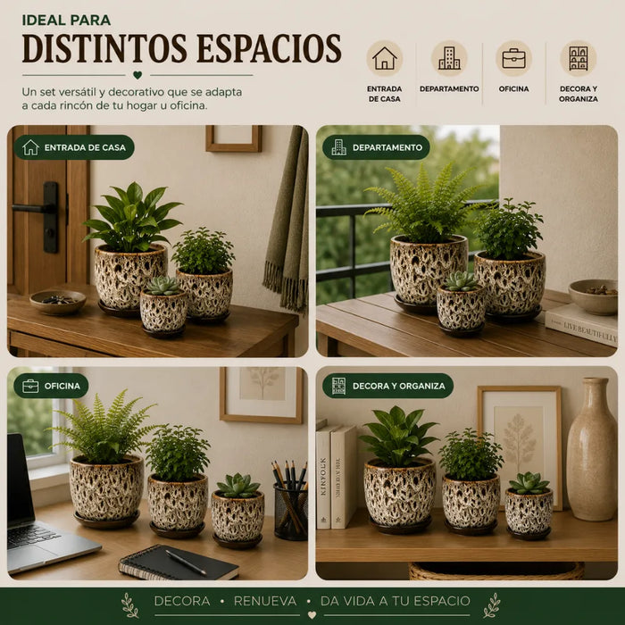 Set 3 Macetero Ceramica Decorativo Texturizado Hogar