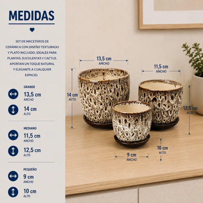 Set 3 Macetero Ceramica Decorativo Texturizado Hogar