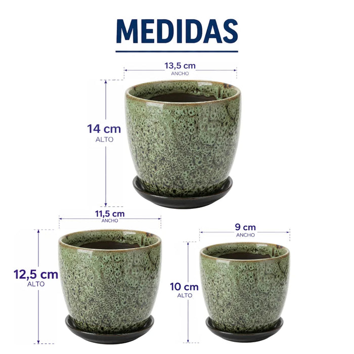 Set 3 Macetero Ceramica Verde Decorativo Texturizado Hogar