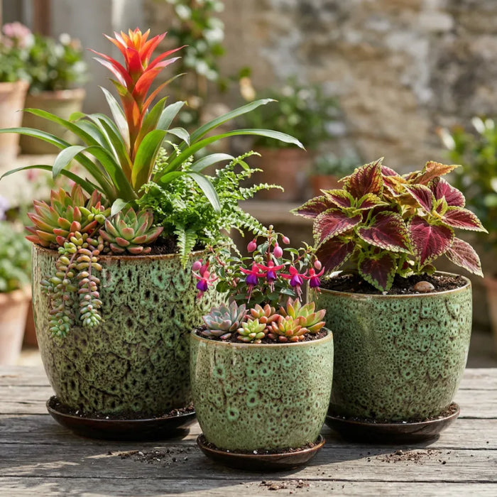 Set 3 Macetero Ceramica Verde Decorativo Texturizado Hogar