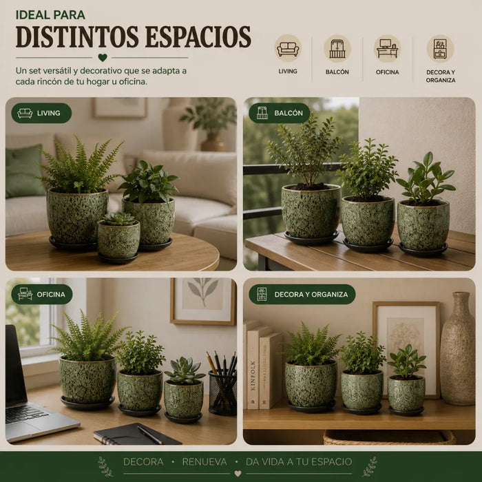 Set 3 Macetero Ceramica Verde Decorativo Texturizado Hogar