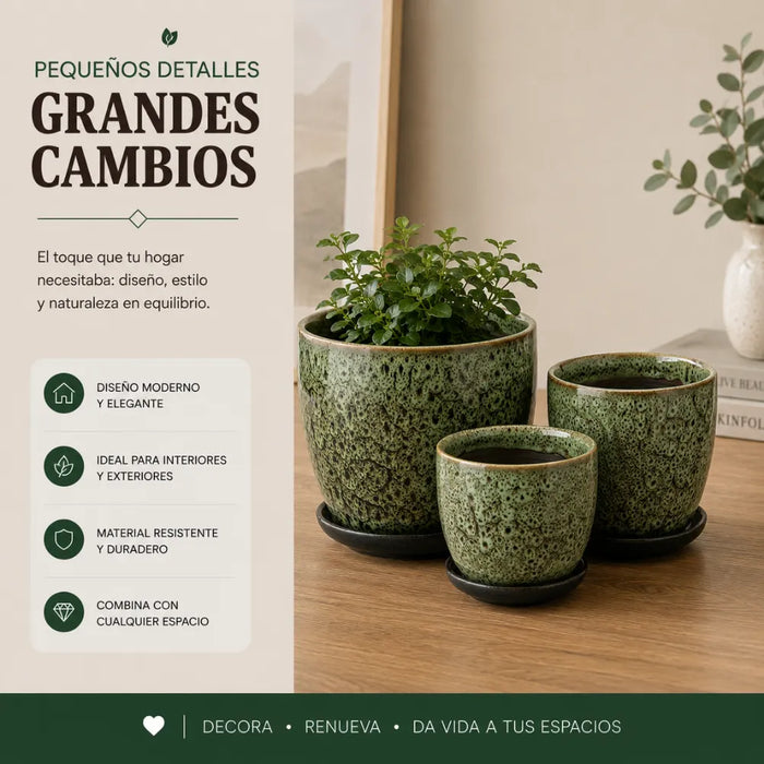 Set 3 Macetero Ceramica Verde Decorativo Texturizado Hogar