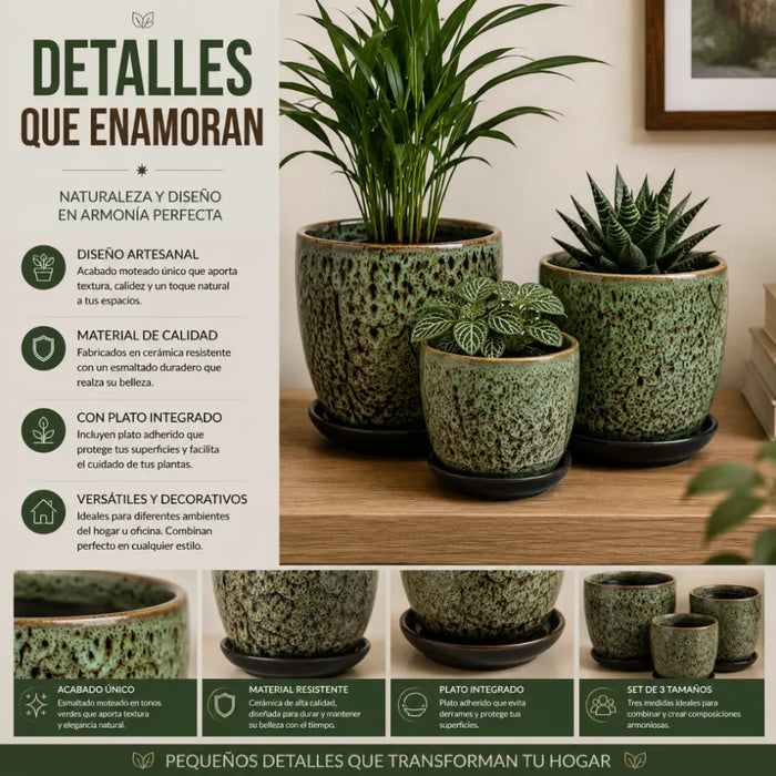 Set 3 Macetero Ceramica Verde Decorativo Texturizado Hogar