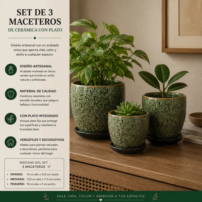 Set 3 Macetero Ceramica Verde Decorativo Texturizado Hogar