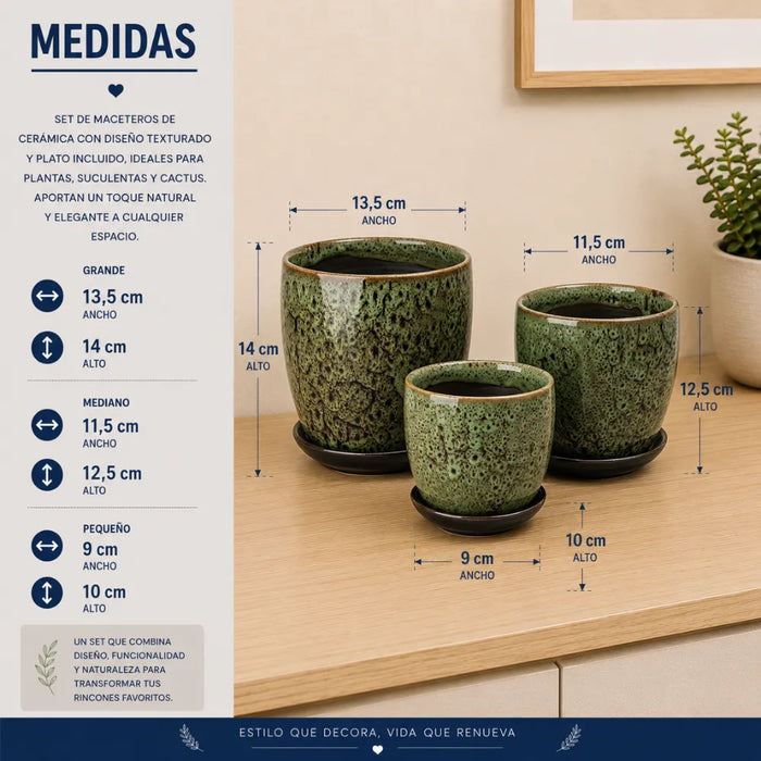 Set 3 Macetero Ceramica Verde Decorativo Texturizado Hogar