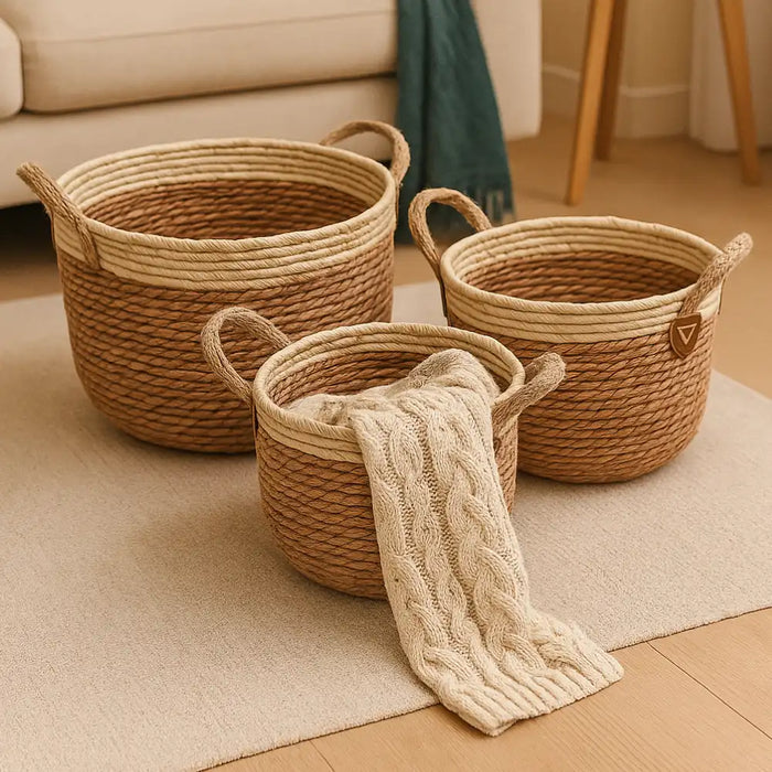 Set 3 Macetero Cesto Maceta De Yute Tejida Rustica Con Asas