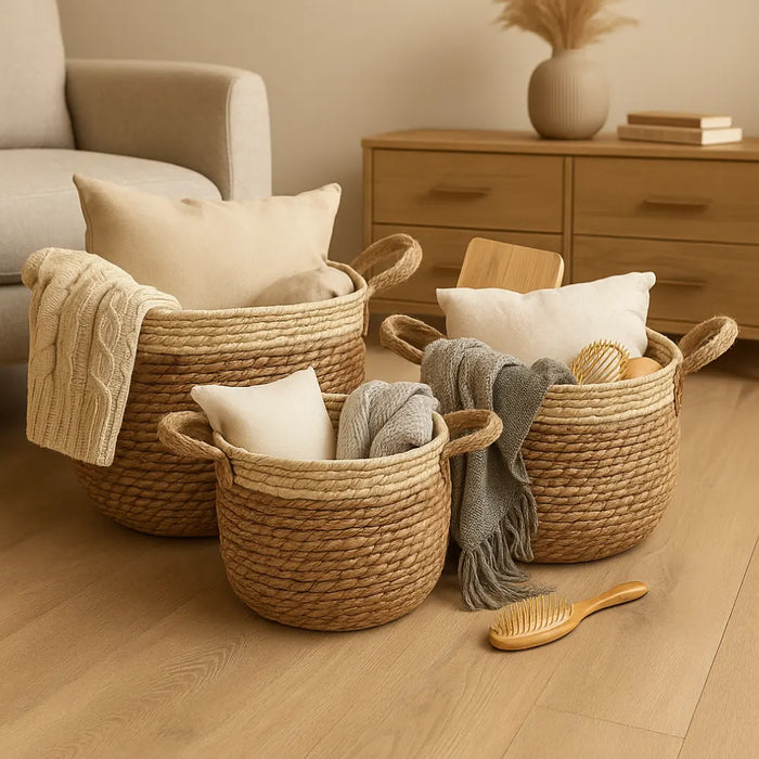 Set 3 Macetero Cesto Maceta De Yute Tejida Rustica Con Asas