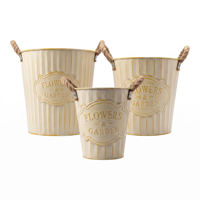 Set 3 Macetero Metalico Beige Decorativo Con Asas Jardín