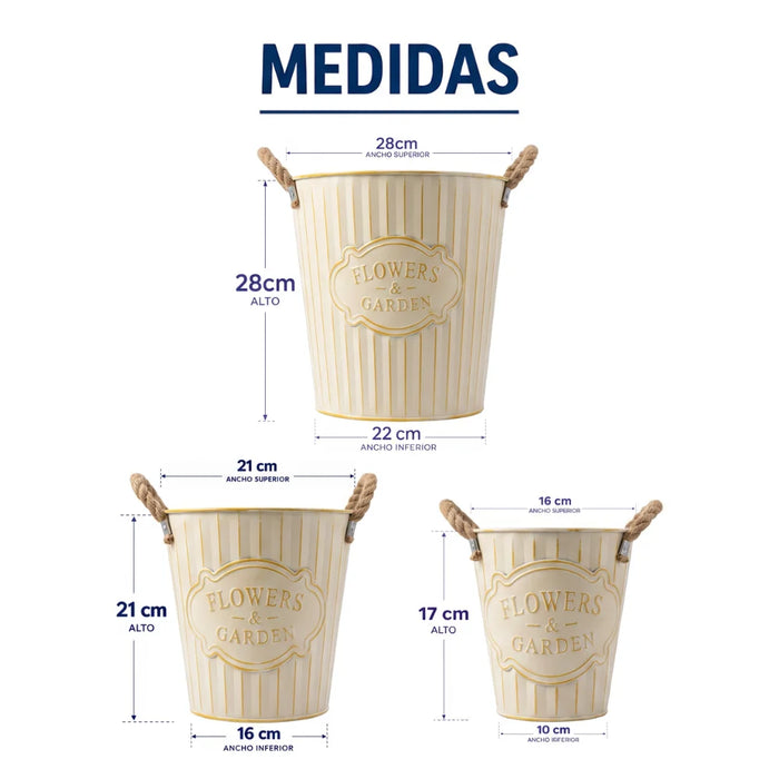 Set 3 Macetero Metalico Beige Decorativo Con Asas Jardín
