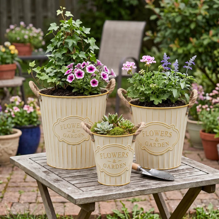 Set 3 Macetero Metalico Beige Decorativo Con Asas Jardín