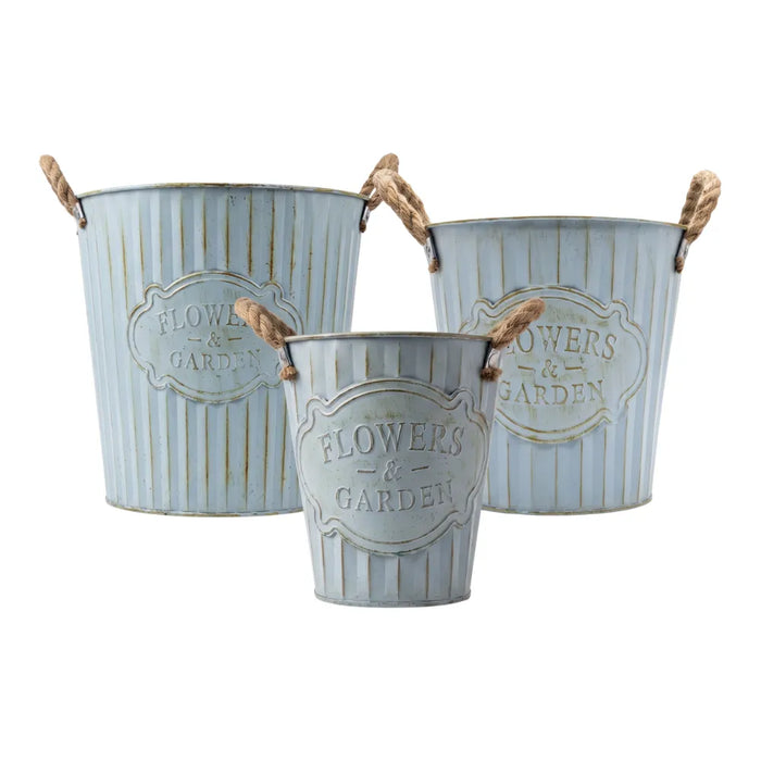 Set 3 Macetero Metalico Celeste Decorativo Con Asas Jardín