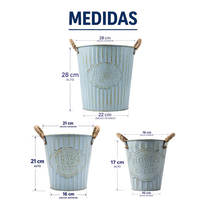 Set 3 Macetero Metalico Celeste Decorativo Con Asas Jardín