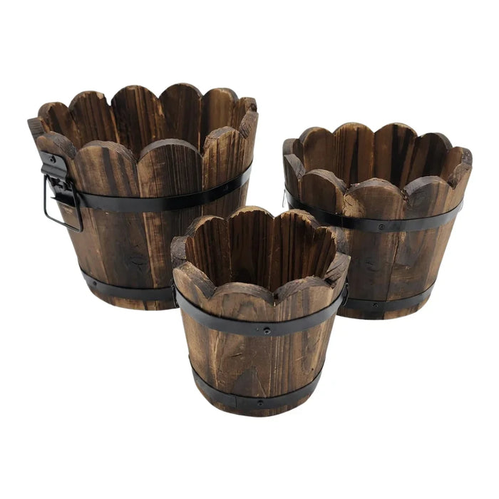 Set 3 Maceteros De Madera Tipo Barril Circular De Jardin