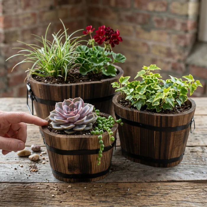 Set 3 Maceteros De Madera Tipo Barril Para Jardín Terraza