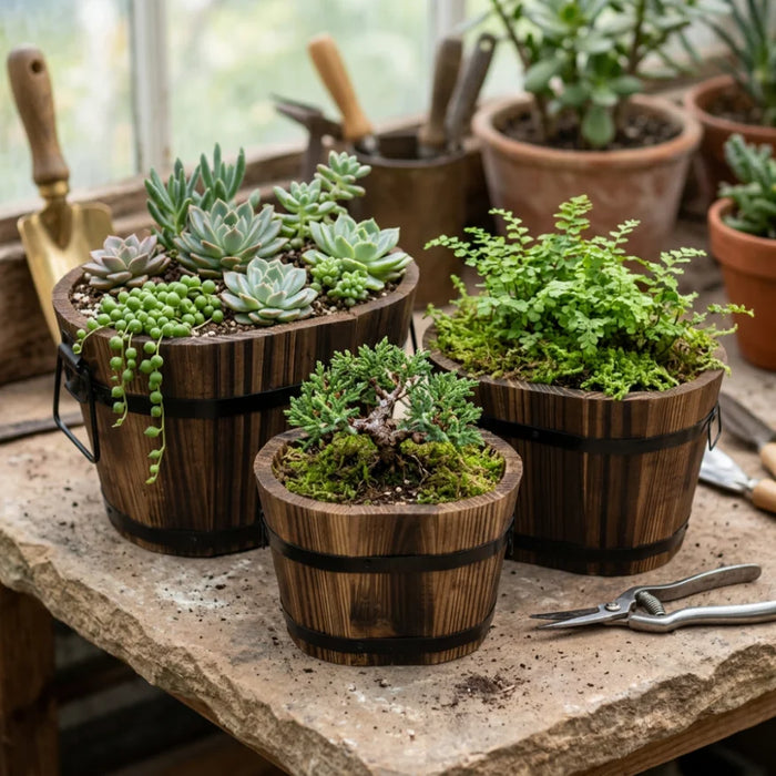 Set 3 Maceteros De Madera Tipo Barril Para Jardín Terraza