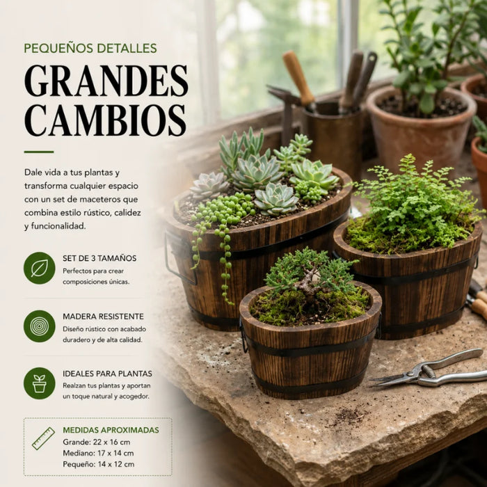 Set 3 Maceteros De Madera Tipo Barril Para Jardín Terraza