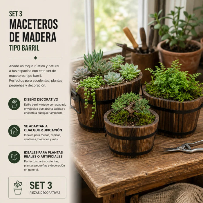 Set 3 Maceteros De Madera Tipo Barril Para Jardín Terraza
