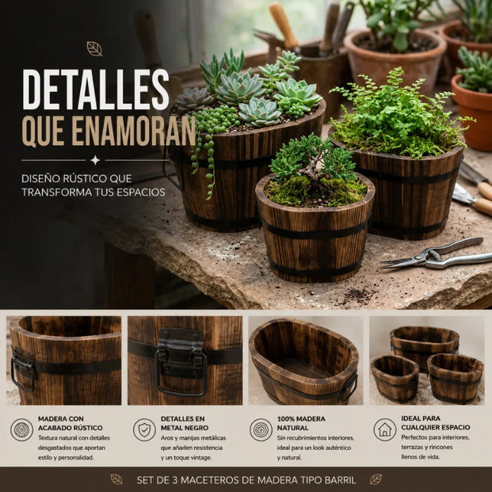 Set 3 Maceteros De Madera Tipo Barril Para Jardín Terraza