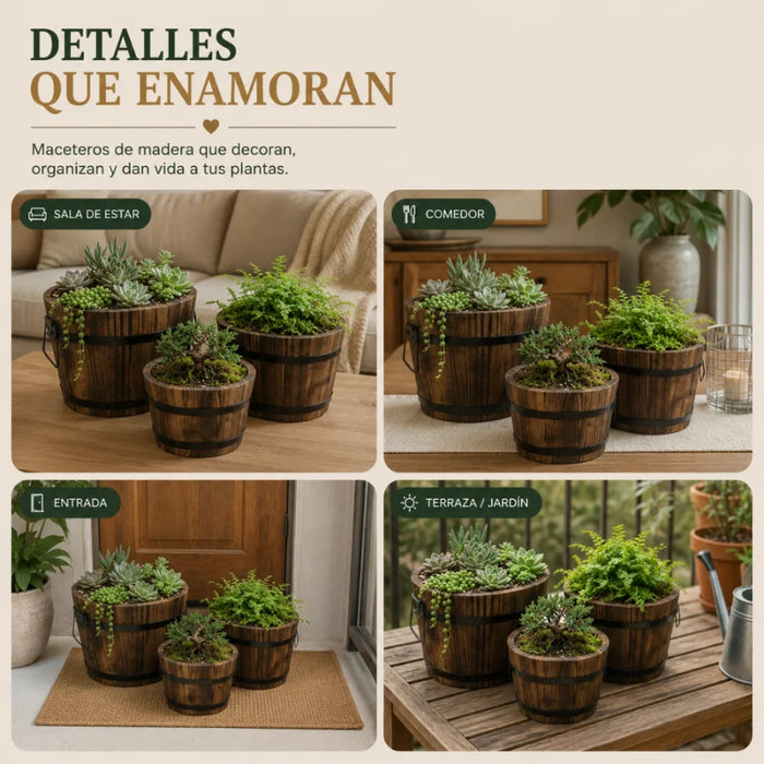 Set 3 Maceteros De Madera Tipo Barril Para Jardín Terraza