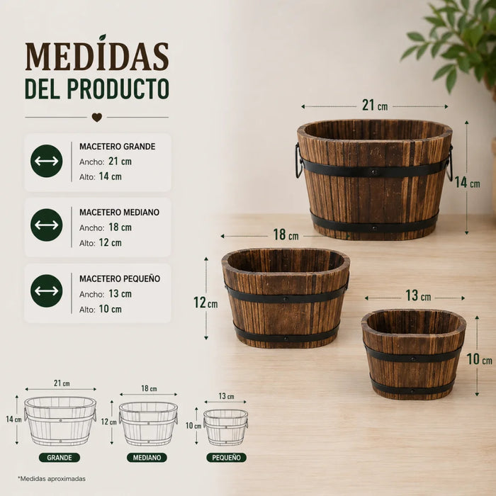 Set 3 Maceteros De Madera Tipo Barril Para Jardín Terraza