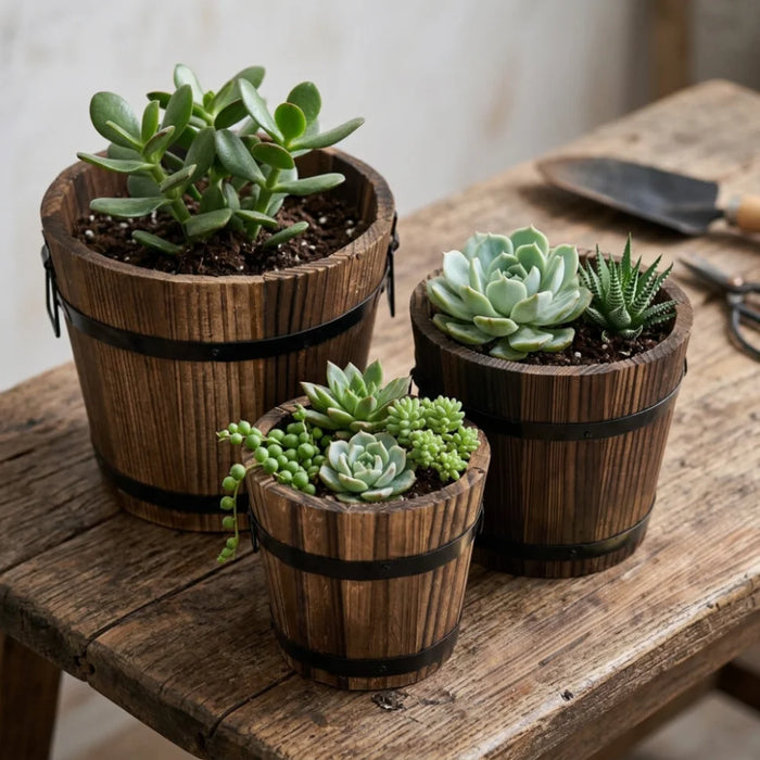 Set 3 Maceteros De Madera Tipo Barril Para Jardín Terrazas