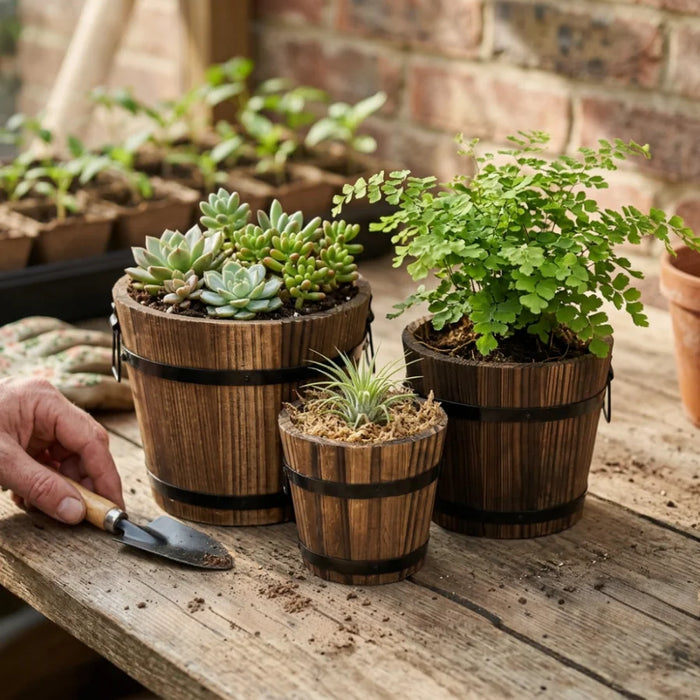 Set 3 Maceteros De Madera Tipo Barril Para Jardín Terrazas
