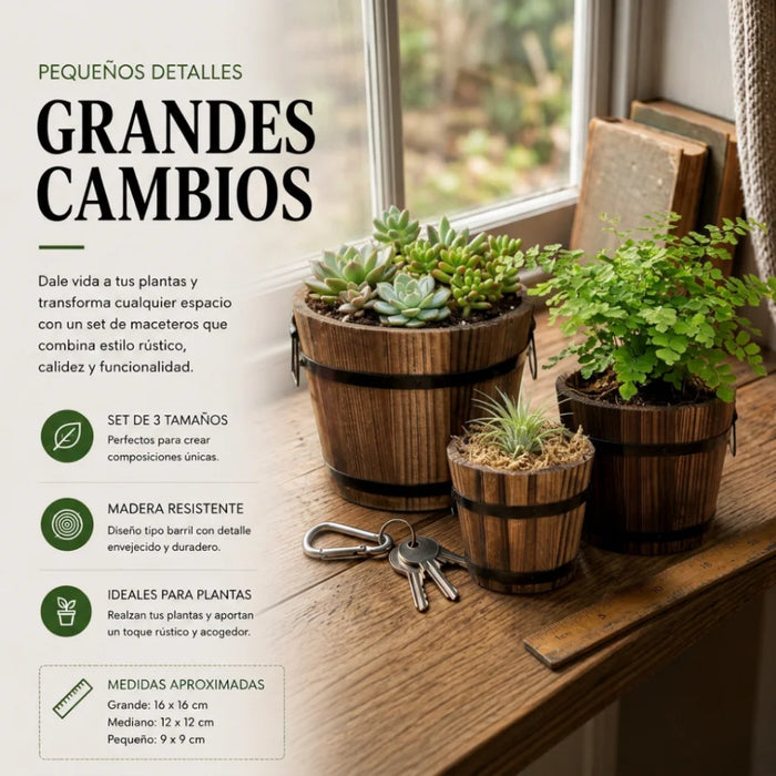 Set 3 Maceteros De Madera Tipo Barril Para Jardín Terrazas