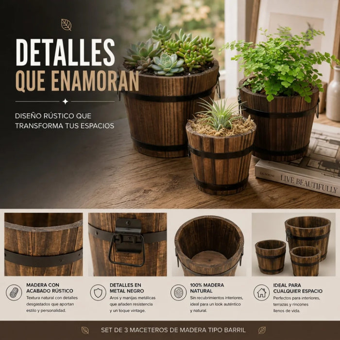 Set 3 Maceteros De Madera Tipo Barril Para Jardín Terrazas