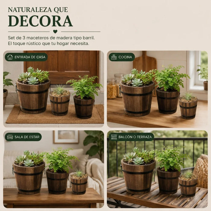 Set 3 Maceteros De Madera Tipo Barril Para Jardín Terrazas