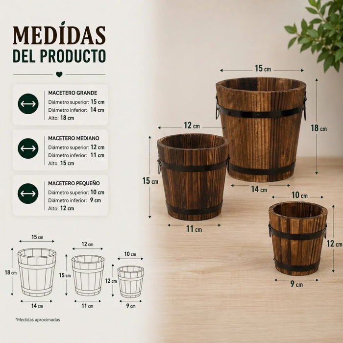Set 3 Maceteros De Madera Tipo Barril Para Jardín Terrazas
