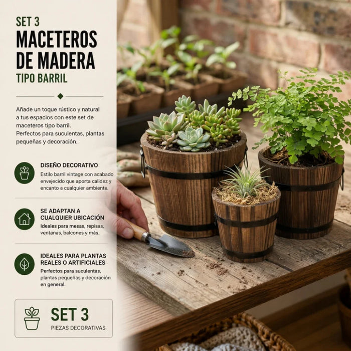 Set 3 Maceteros De Madera Tipo Barril Para Jardín Terrazas