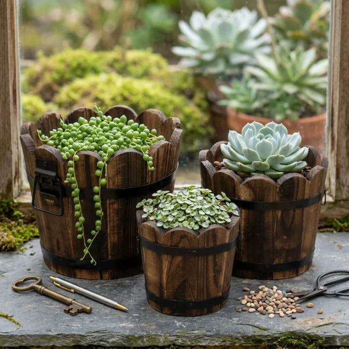 Set 3 Maceteros De Madera Tipo Barril Circular De Jardin