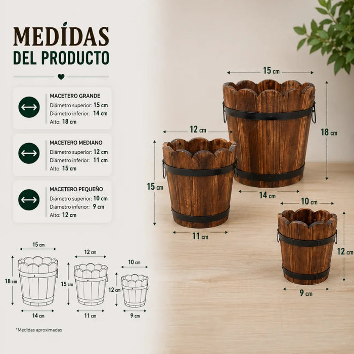 Set 3 Maceteros De Madera Tipo Barril Circular De Jardin
