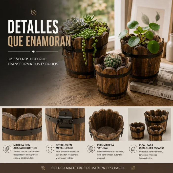 Set 3 Maceteros De Madera Tipo Barril Circular De Jardin