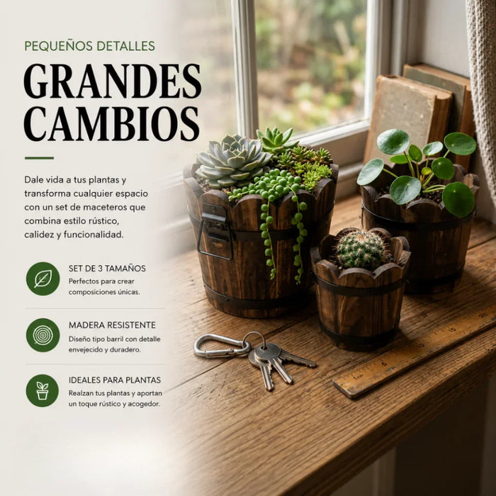 Set 3 Maceteros De Madera Tipo Barril Circular De Jardin