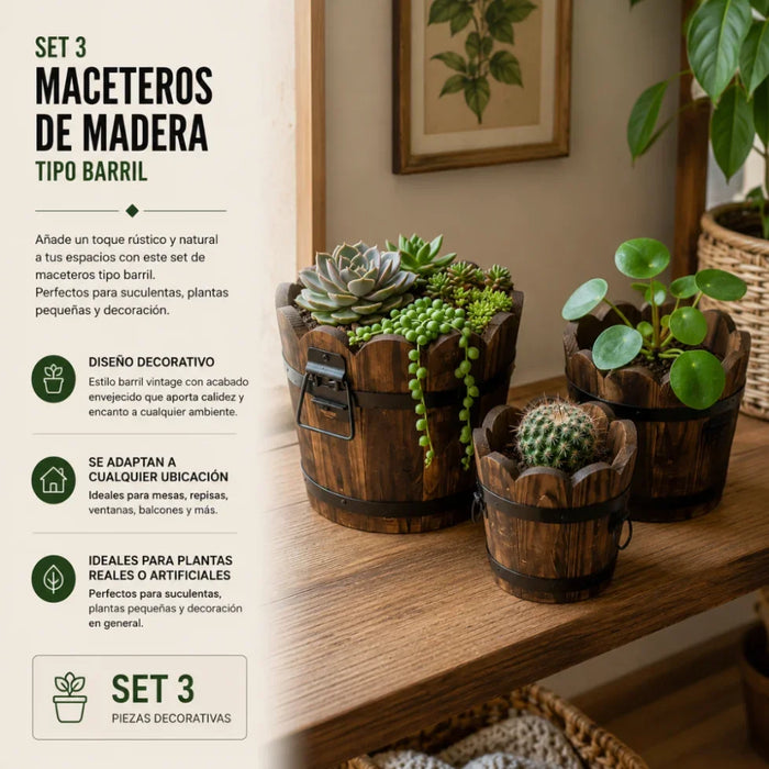 Set 3 Maceteros De Madera Tipo Barril Circular De Jardin