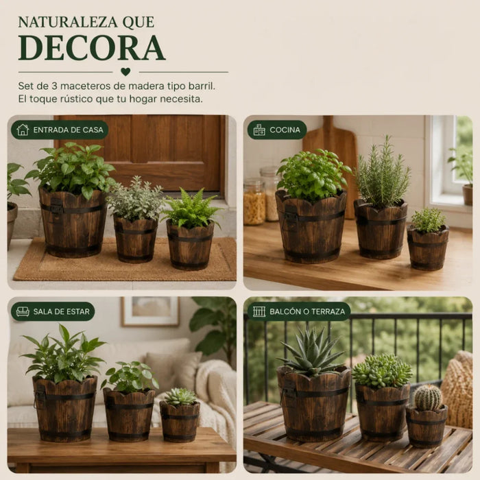 Set 3 Maceteros De Madera Tipo Barril Circular De Jardin