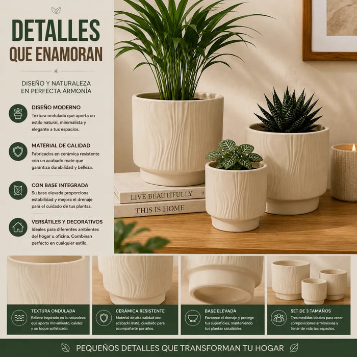Set 3 Maceteros Maceta De Ceramica Amarillo Con Lineas
