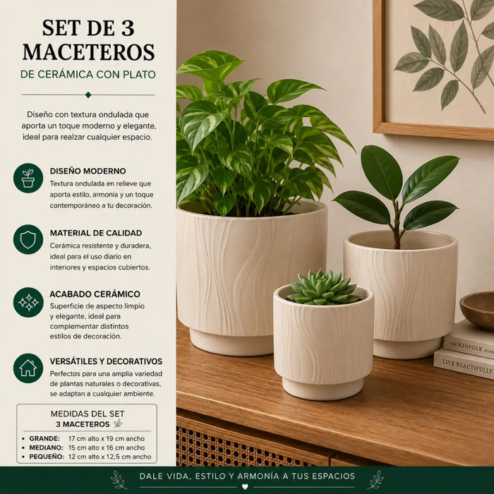 Set 3 Maceteros Maceta De Ceramica Amarillo Con Lineas