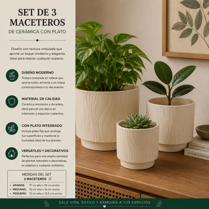 Set 3 Maceteros Maceta De Ceramica Amarillo Con Lineas