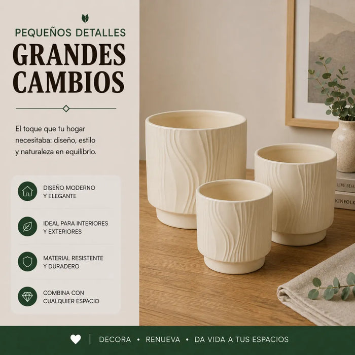 Set 3 Maceteros Maceta De Ceramica Amarillo Con Lineas