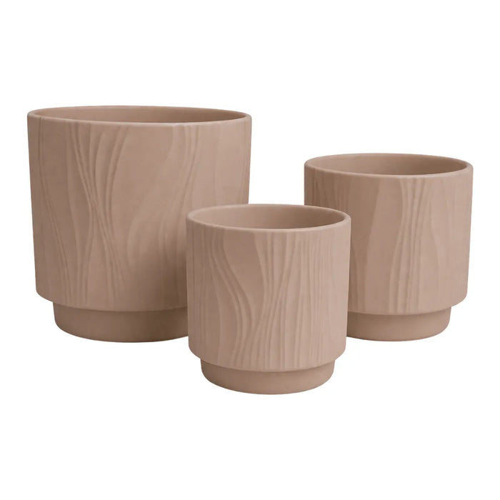 Set 3 Maceteros Maceta De Ceramica Arena Con Lineas